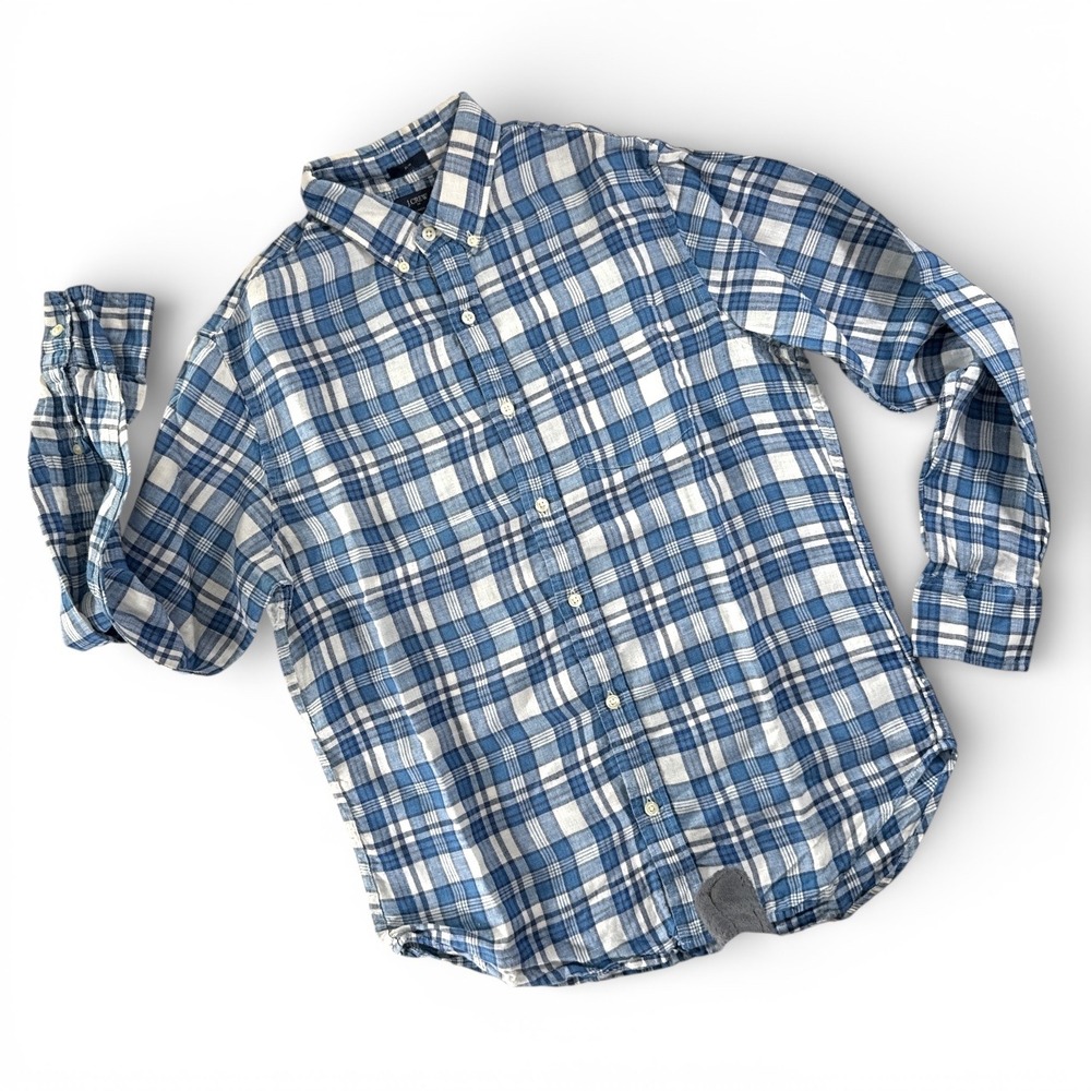 J‎ Crew Slim Fit Linen Plaid Button Down Shirt Men Medium Blue White Long Sleeve